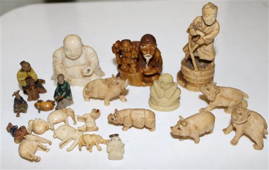 Ivory netsuke, ivory and bone figure and other items, early 20th century